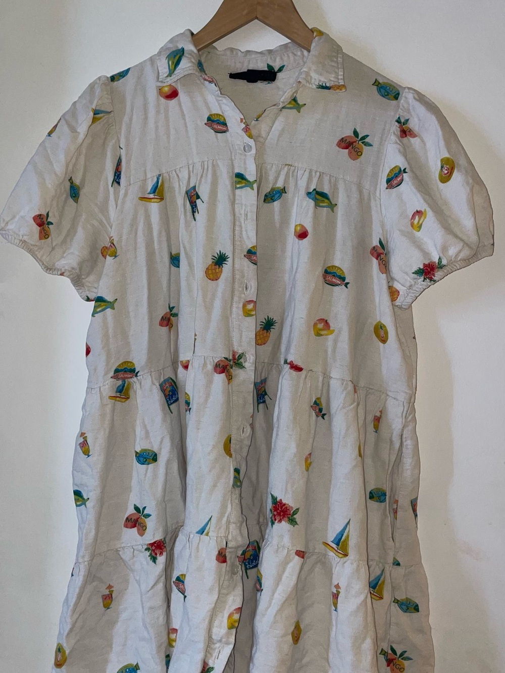 White Button-Front Dress with Fruit & Sailboat Print
